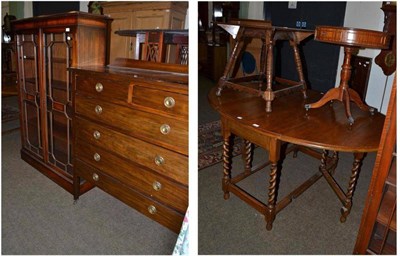 Lot 402 - An oak gateleg table with barley twist supports, a drum top side table, a reproduction mahogany...