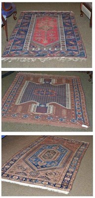 Lot 491 - Hamadan rug Persian Kurdistan, the indigo lozenge field framed by spandrels and triple borders, 194