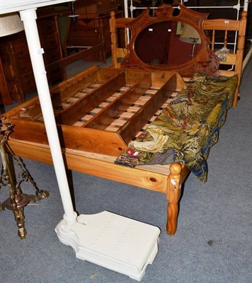 Lot 535 - A modern pine double bed, a pine dresser rack, a pine wall mirror, brass standard lamp and...