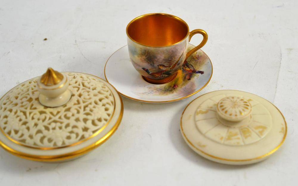 Lot 165 - A Royal Worcester miniature cup and saucer painted with pheasants by J A Stinton, and a Royal China