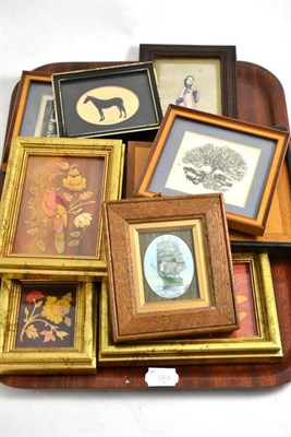 Lot 4 - A tray of framed marquetry panels and a small Chinese watercolour
