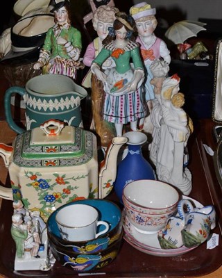 Lot 15 - Tray of bisque figures, two similar Continental figures, pair of Quimper clogs, Masons teapot,...