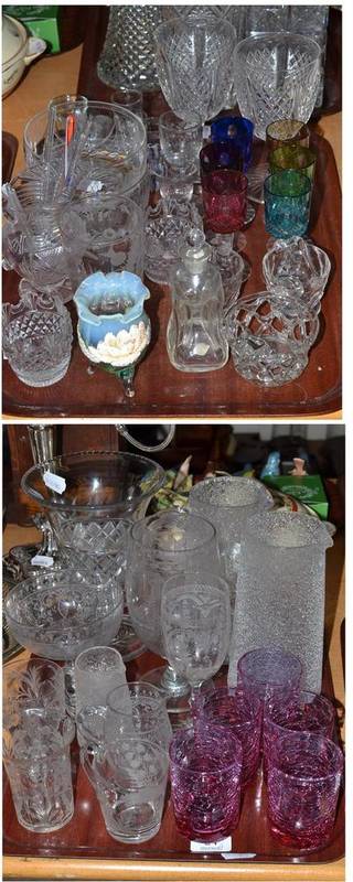 Lot 24 - Two trays of decorative glassware including two engraved finger bowls, celery vases, crizzle...