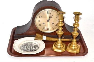 Lot 26 - Oak mantel clock, pair brass candlesticks, brass warning horn (LMS) and an early 19th century plate