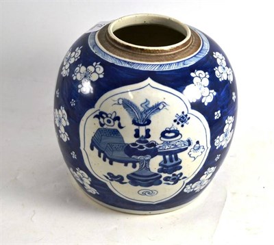 Lot 27 - A Chinese porcelain ginger jar in Kangxi style, painted in underglaze blue with precious...