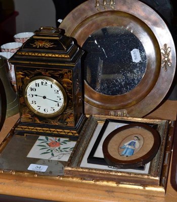Lot 34 - A black japanned mantel clock, a Mexican brass framed wall mirror stamped 'ZAVALA' and four various