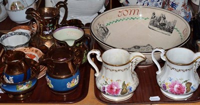 Lot 38 - Two trays including copper lustre jugs, a pair of English floral decorated jugs dated 1826,...