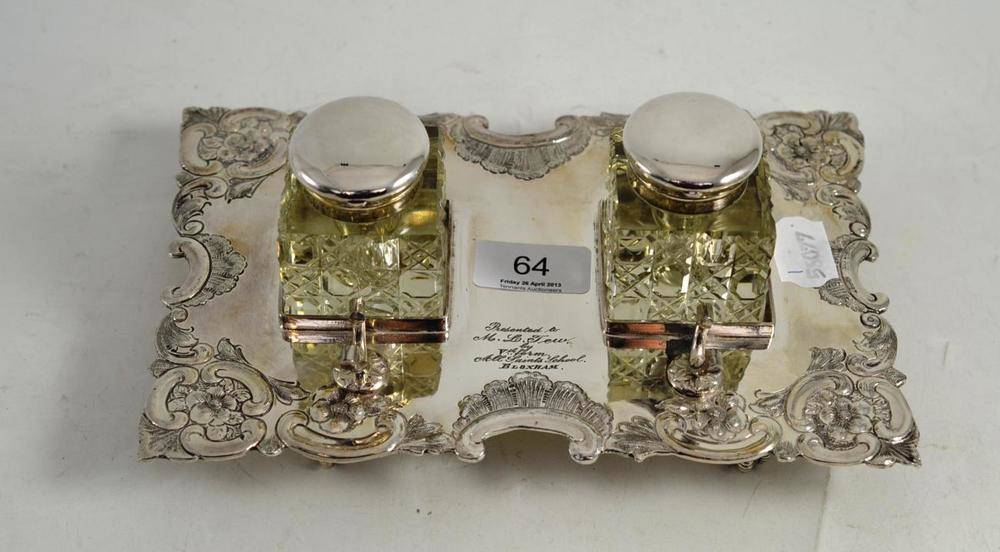 Lot 64 - A silver plated two bottle inkstand