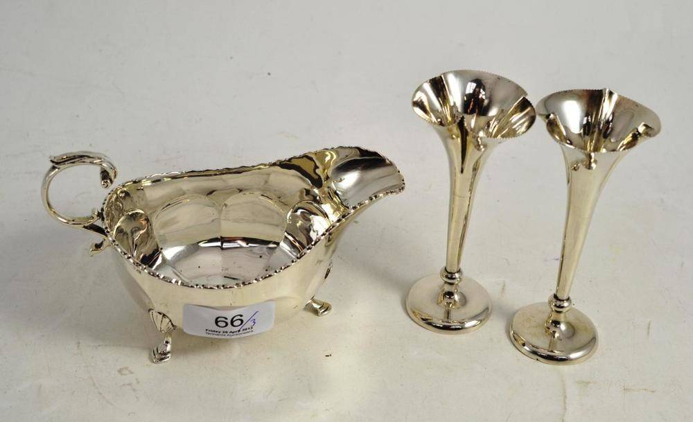 Lot 66 - Silver sauce boat and pair of loaded silver posy vases