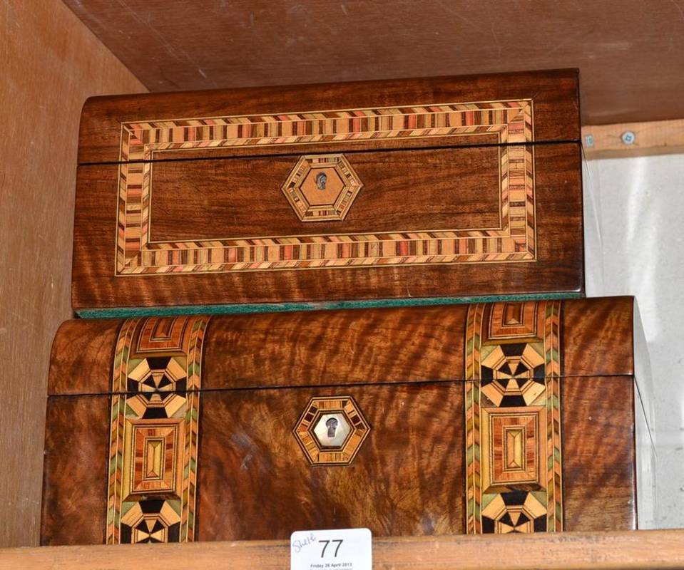 Lot 77 - A late Victorian walnut and parquetry sewing box, and a walnut parquetry box (converted) (2)