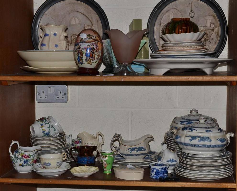 Lot 80 - Two shelves of ceramics including a Booths blue and white part dinner service, Japanese egg,...