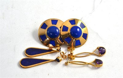 Lot 100 - Two pairs of 9ct gold lapis lazuli set earrings and a pair of amethyst drop earrings