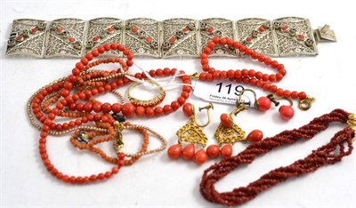 Lot 119 - Assorted coral and coral type jewellery including a 9ct gold ring, bead necklaces, earrings etc