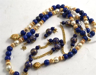 Lot 120 - A 9ct gold enamelled bead necklace and earrings, a lapis lazuli and cultured pearl necklace and...