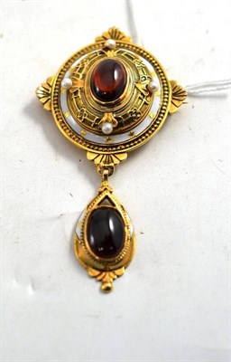 Lot 122 - A 9ct gold white enamel, garnet and cultured pearl drop brooch