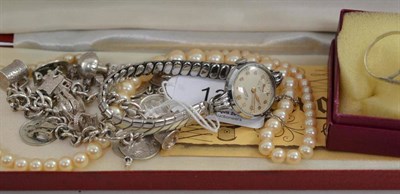 Lot 133 - A simulated pearl necklace, a coin ring, bracelet, a silver charm bracelet, lady's wristwatch etc