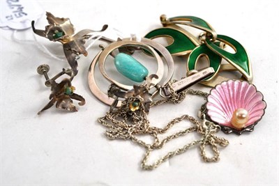 Lot 136 - A pendant marked 'KAJ', 'NORWAY', 'STERLING' and '925S', green enamelled bracelet, a pink enamelled