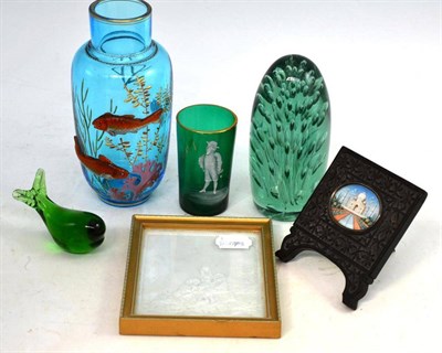 Lot 155 - A pale blue glass vase with applied coloured enamel fish, a Stourbridge green glass bubble dump, an