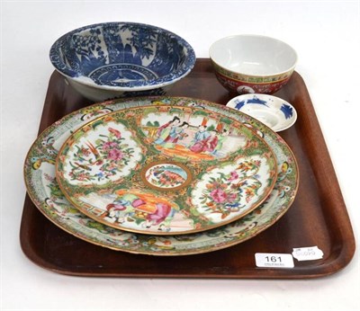 Lot 161 - Two late 19th century Chinese famille rose plates, blue and white bowl, small saucer dish and a...
