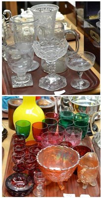 Lot 172 - A tray of assorted coloured glass and a tray of 19th century glass including celery vases, engraved
