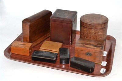 Lot 176 - A papier mache polychrome cylindrical box, a japanned tea caddy, a walnut card box, snuff boxes etc