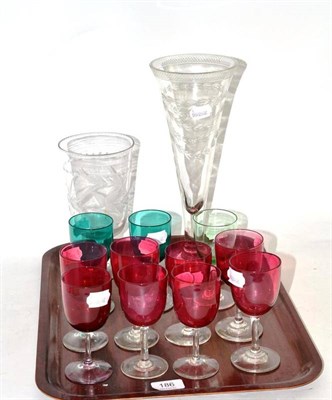 Lot 186 - Eleven coloured wine glasses and two glass vases