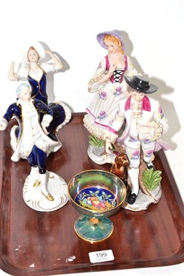 Lot 199 - A pair of Dresden figures, a pair of Royal Dux figures (a.f.) and a Minton lustre dish