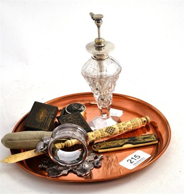 Lot 215 - A silver mounted cut glass perfume atomiser, papier mache snuff box, vesta case, plated napkin...