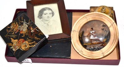 Lot 223 - An alabaster framed souvenir picture, a chinoiserie paint box, an inkwell, a pencil miniature...