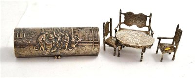 Lot 269 - Four pieces of silver dolls house furniture and Danish box
