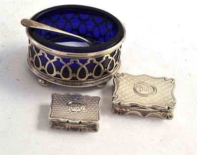 Lot 274 - Two Victorian silver vinaigrettes, makers mark 'ES', silver pierced salt with blue glass liner...