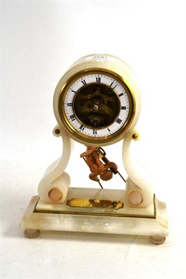 Lot 306 - An alabaster and gilt metal mantel clock with Cupid on a swing pendulum
