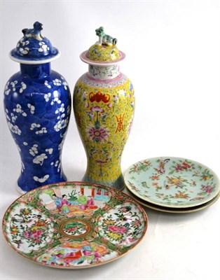 Lot 310 - Two Chinese vases and covers and three plates
