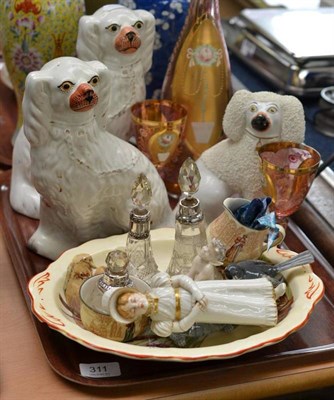 Lot 311 - Worcester caster figure, Copenhagen tortoise, three Staffordshire dogs, quantity of pottery and...