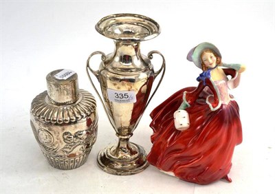 Lot 335 - Silver loaded vase, Chinese white metal caddy and Doulton figure Autumn Breezes