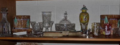 Lot 363 - Assorted glassware, enamel brush set, antler handled fish slice and fork, silver teaspoons, two...