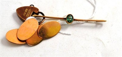 Lot 396 - A pair of 9ct gold cufflinks, a bar brooch and a padlock