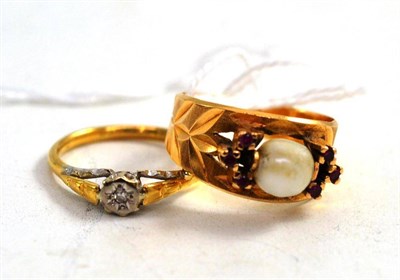 Lot 398 - An 18ct gold diamond ring and a Majorcan pearl ring
