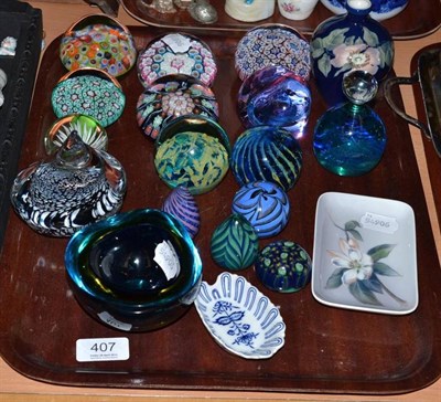 Lot 407 - Caithness glass paperweight, fourteen others, a small bowl, a Copenhagen vase and pin tray, and...
