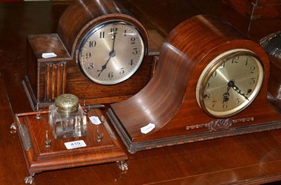 Lot 419 - Two 1920s/30s mantel clocks and an Edwardian oak ink bottle stand