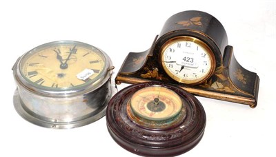 Lot 423 - Black-lacquered chinoiserie mantel timepiece, chromed bulkhead timepiece and a carved barometer