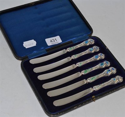 Lot 431 - A set of six silver handled knives with enamel handles
