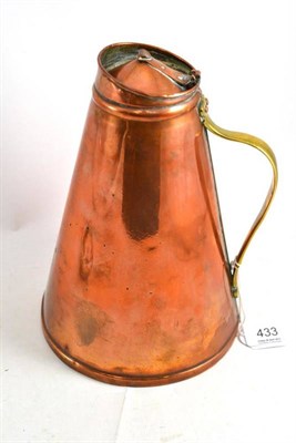 Lot 433 - A W.A.S Benson copper and brass jacketed jug, with enamel liner, of tapering form, stamped...