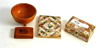 Lot 434 - Abalone card case, mother-of-pearl box, Mauchline snuff box and bowl