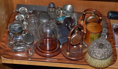 Lot 438 - A tray of ink bottles, toilet jars, a treen money box, two gilt pocket watches with stand etc