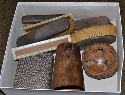 Lot 442 - Horn beaker, carved brazil nut seed pod, brush set, an inlaid box and cover and two boxwood rulers