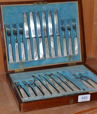 Lot 443 - Cased silver fruit knives and forks with mother-of-pearl handles (incomplete)
