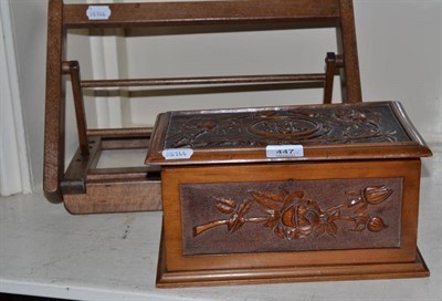 Lot 447 - Carved walnut box with initials MY together with a folding book stand