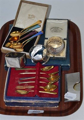 Lot 460 - Set six enamel and silver gilt spoons, three napkin rings, card case, dog tag, plate, spoons...