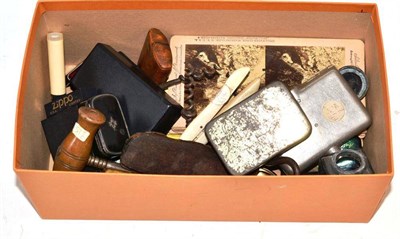 Lot 461 - Assorted lighters, corkscrews, burrwood snuff boxes, stereo cards etc